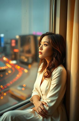 A woman sitting by a window, gazing outside, lost in thought as she reflects on her love story