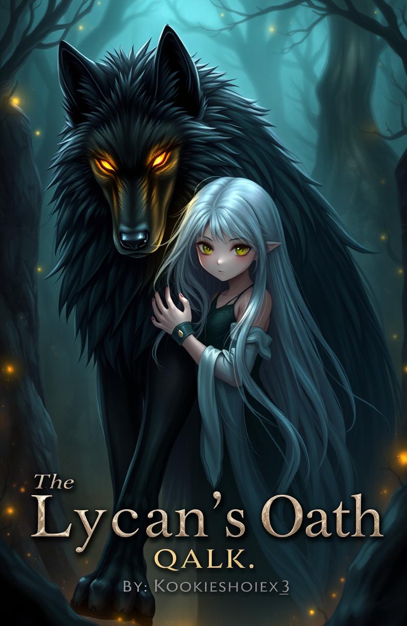 A striking image of a majestic black wolf with luminous golden eyes standing protectively beside a girl with flowing white hair