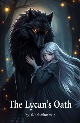 A striking image of a majestic black wolf with luminous golden eyes standing protectively beside a girl with flowing white hair