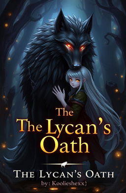 A striking image of a majestic black wolf with luminous golden eyes standing protectively beside a girl with flowing white hair