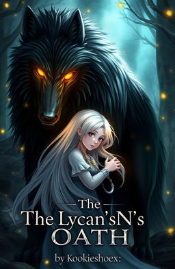 A striking image of a majestic black wolf with luminous golden eyes standing protectively beside a girl with flowing white hair