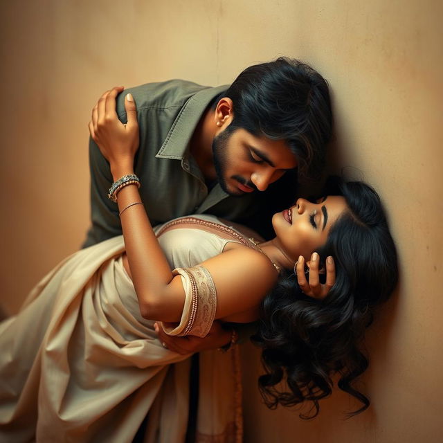 A beautiful and intimate scene depicting an Indian brunette maid lying gracefully against a wall, being uplifted by a man