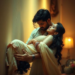 A beautiful and intimate scene depicting an Indian brunette maid lying gracefully against a wall, being uplifted by a man