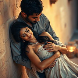A beautiful and intimate scene depicting an Indian brunette maid lying gracefully against a wall, being uplifted by a man