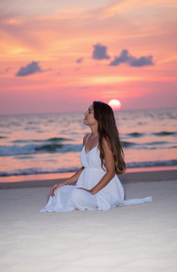 A serene scene featuring a woman sitting on a sandy beach, gazing at a stunning sunset