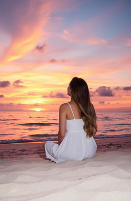 A serene scene featuring a woman sitting on a sandy beach, gazing at a stunning sunset