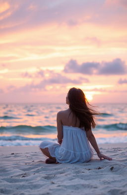 A serene scene featuring a woman sitting on a sandy beach, gazing at a stunning sunset