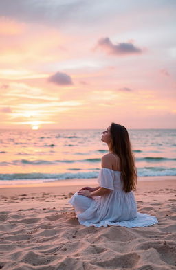 A serene scene featuring a woman sitting on a sandy beach, gazing at a stunning sunset