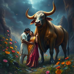 A unique artwork depicting a surreal scene of intimate interaction between a couple and a bull, set in a dramatic and enchanting landscape