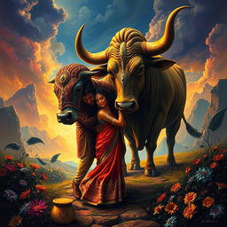 A unique artwork depicting a surreal scene of intimate interaction between a couple and a bull, set in a dramatic and enchanting landscape