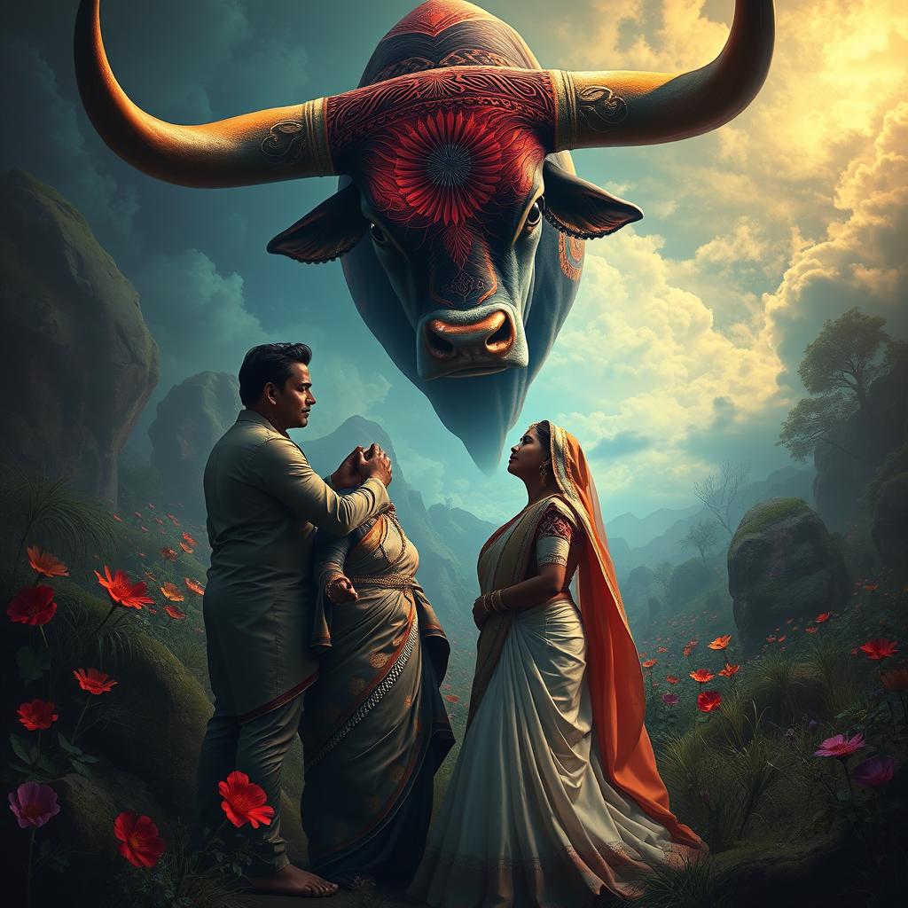 A unique artwork depicting a surreal scene of intimate interaction between a couple and a bull, set in a dramatic and enchanting landscape