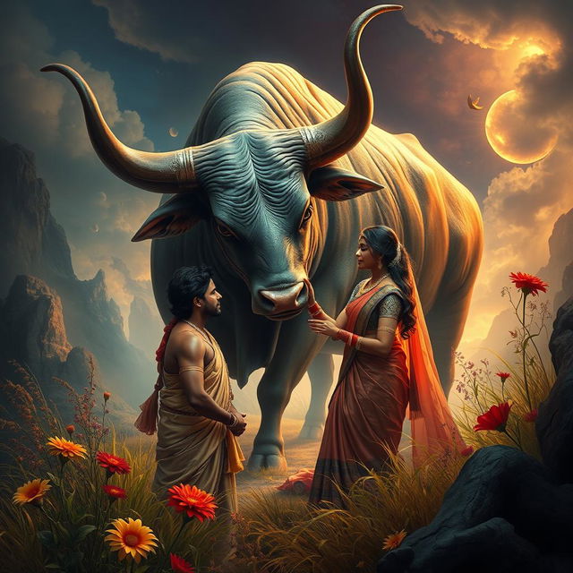 A unique artwork depicting a surreal scene of intimate interaction between a couple and a bull, set in a dramatic and enchanting landscape