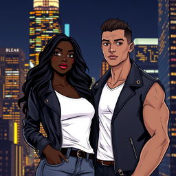 An illustration of a beautiful Black couple standing in New York City at night