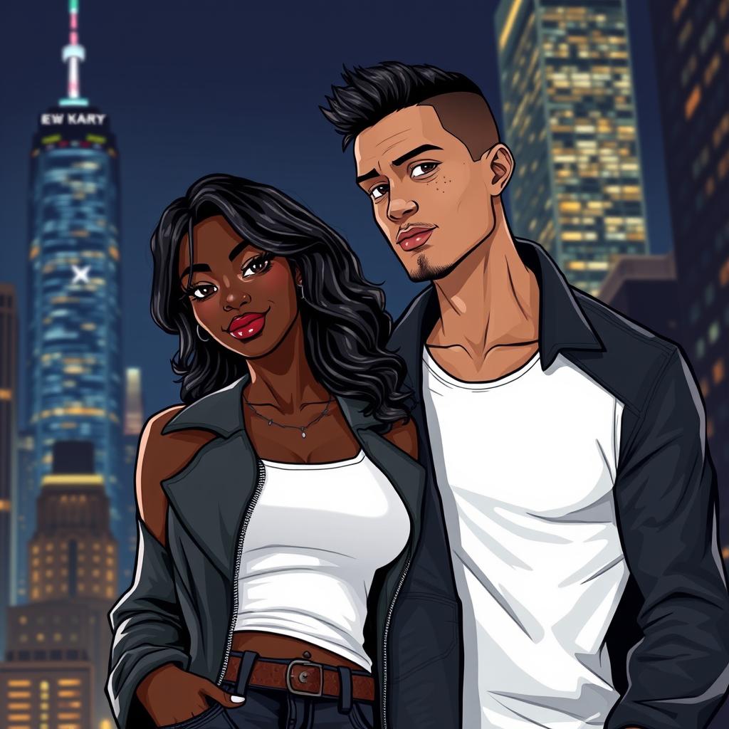 An illustration of a beautiful Black couple standing in New York City at night