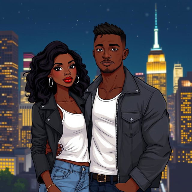 An illustration of a beautiful Black couple standing in New York City at night