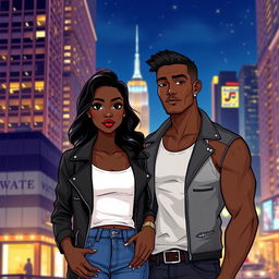 An illustration of a beautiful Black couple standing in New York City at night