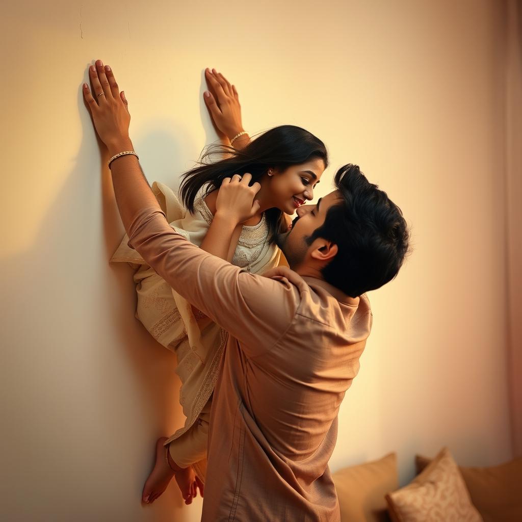 A beautiful and intimate scene where an Indian brunette maid is playfully sticking to a wall, being uplifted by a man