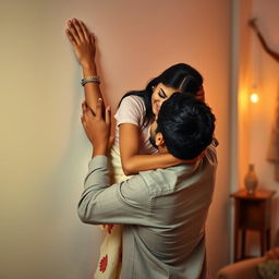A beautiful and intimate scene where an Indian brunette maid is playfully sticking to a wall, being uplifted by a man