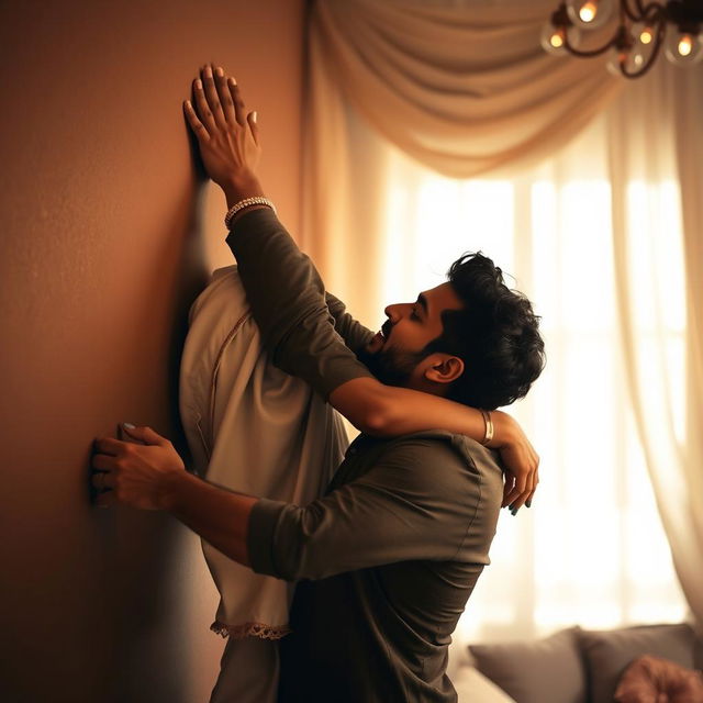 A beautiful and intimate scene where an Indian brunette maid is playfully sticking to a wall, being uplifted by a man