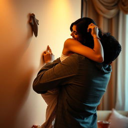 A beautiful and intimate scene where an Indian brunette maid is playfully sticking to a wall, being uplifted by a man