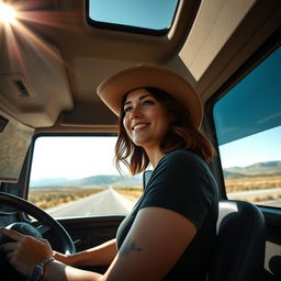 A 35-year-old woman confidently driving a large truck down a scenic highway