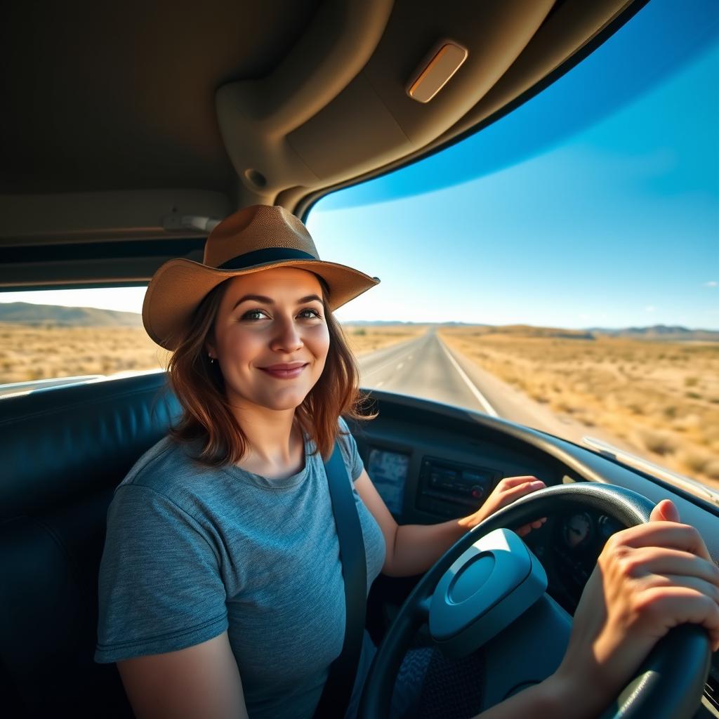 A 35-year-old woman confidently driving a large truck down a scenic highway