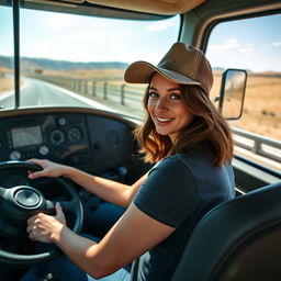 A 35-year-old woman confidently driving a large truck down a scenic highway