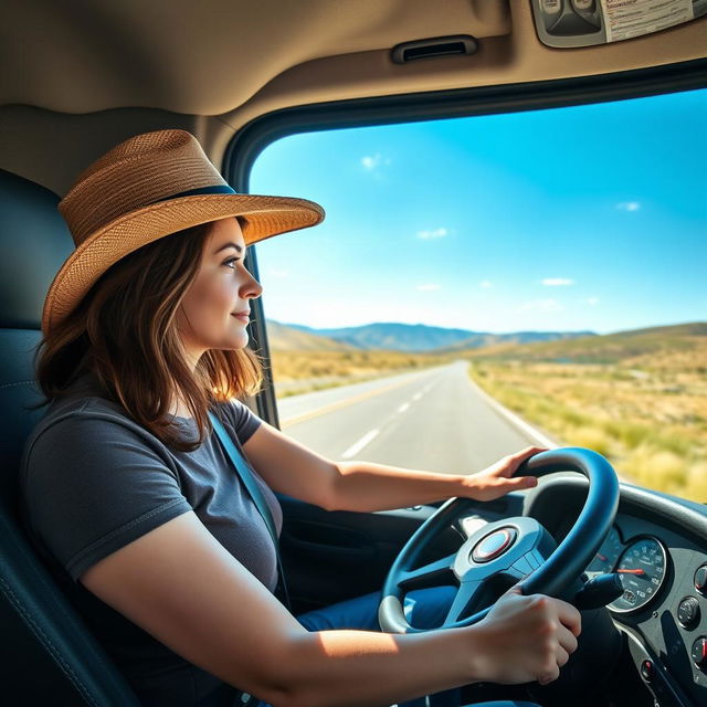 A 35-year-old woman confidently driving a large truck down a scenic highway