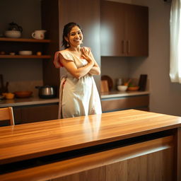 A beautiful and intimate scene featuring an Indian brunette maid playfully sticking to a wall while standing on a polished wooden table