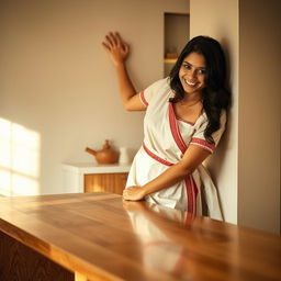 A beautiful and intimate scene featuring an Indian brunette maid playfully sticking to a wall while standing on a polished wooden table