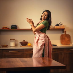 A beautiful and intimate scene featuring an Indian brunette maid playfully sticking to a wall while standing on a polished wooden table