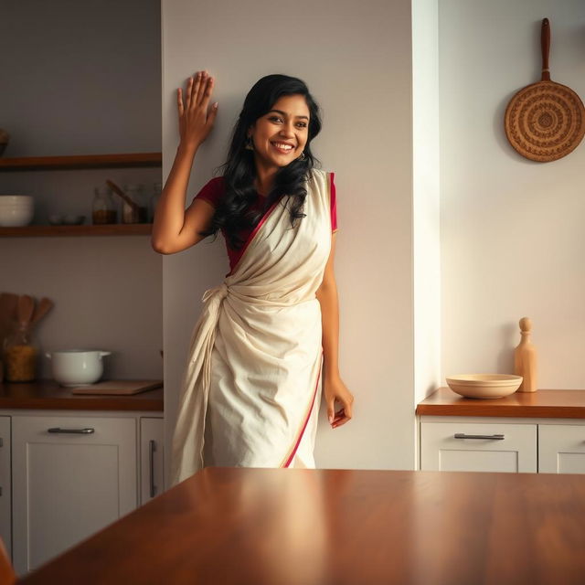 A beautiful and intimate scene featuring an Indian brunette maid playfully sticking to a wall while standing on a polished wooden table