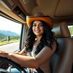 A 35-year-old woman confidently driving a large truck along a scenic highway