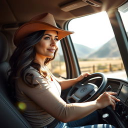 A 35-year-old woman confidently driving a large truck along a scenic highway