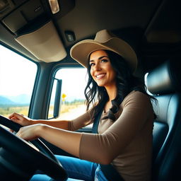 A 35-year-old woman confidently driving a large truck along a scenic highway