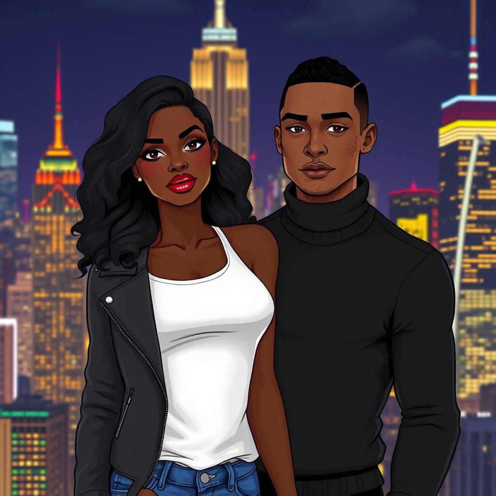 An illustration of a stunning Black couple standing against the backdrop of New York City at night