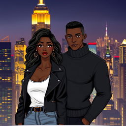 An illustration of a stunning Black couple standing against the backdrop of New York City at night