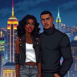 An illustration of a stunning Black couple standing against the backdrop of New York City at night