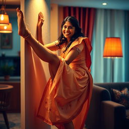 A beautiful and intimate scene featuring an Indian brunette maid playfully sticking to a wall, with her legs spread in a dynamic and lively pose