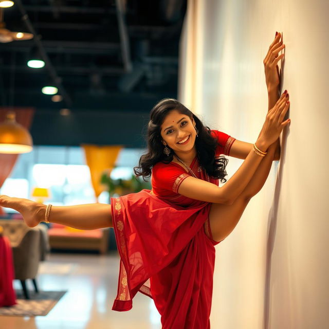 A beautiful and intimate scene featuring an Indian brunette maid playfully sticking to a wall, with her legs spread in a dynamic and lively pose