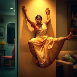 A beautiful and intimate scene featuring an Indian brunette maid playfully sticking to a wall, with her legs spread in a dynamic and lively pose