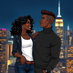 An illustration of a lovely Black couple, deeply in love, standing against the beautiful nighttime backdrop of New York City