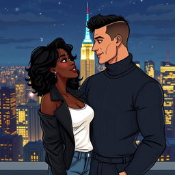 An illustration of a lovely Black couple, deeply in love, standing against the beautiful nighttime backdrop of New York City