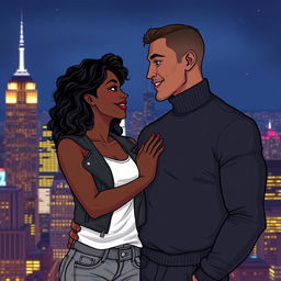 An illustration of a lovely Black couple, deeply in love, standing against the beautiful nighttime backdrop of New York City