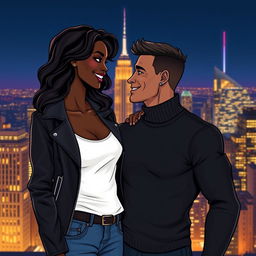 An illustration of a lovely Black couple, deeply in love, standing against the beautiful nighttime backdrop of New York City