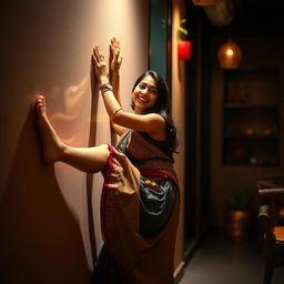 A beautiful and intimate scene featuring an Indian brunette maid playfully sticking to a wall, with her legs spread slightly in a dynamic and engaging pose