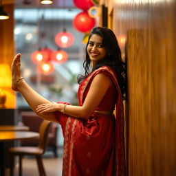 A beautiful and intimate scene featuring an Indian brunette maid playfully sticking to a wall, with her legs spread slightly in a dynamic and engaging pose