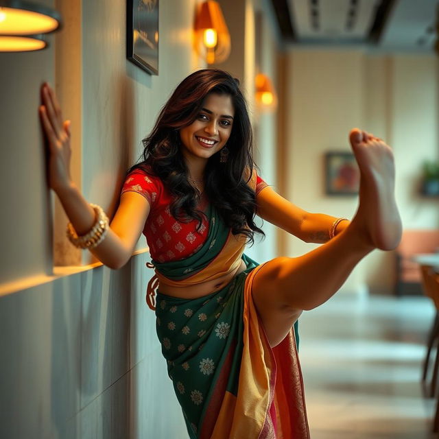 A beautiful and intimate scene featuring an Indian brunette maid playfully sticking to a wall, with her legs spread slightly in a dynamic and engaging pose