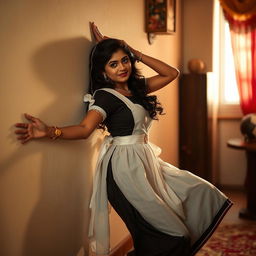 A beautiful and intimate scene featuring an Indian brunette maid posing gracefully against a wall, with her legs spread slightly in an artistic and alluring manner