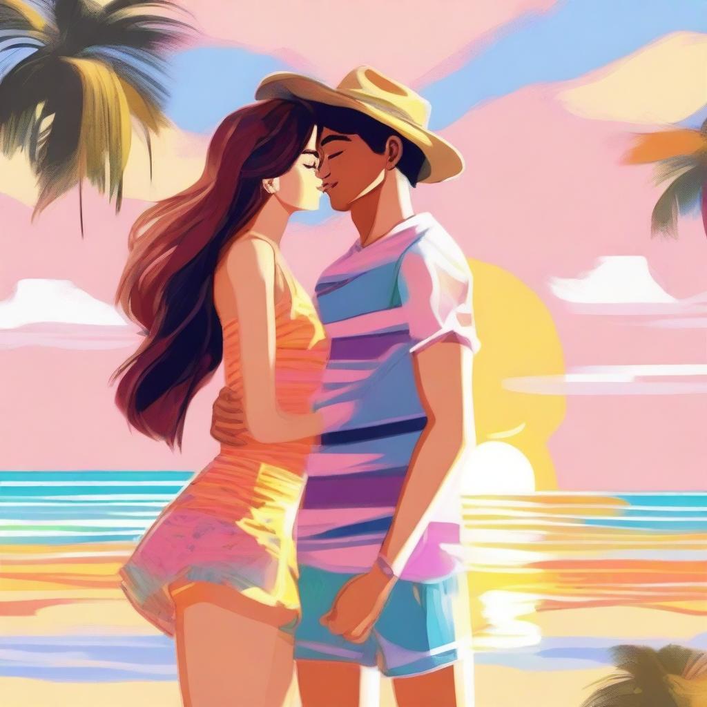 A high-quality digital art depicting a summer teen romance at a beach